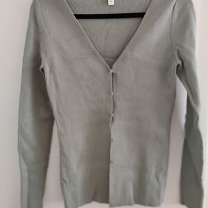 Women's Ribbed V-Neck Button Cardigan - Sage Green